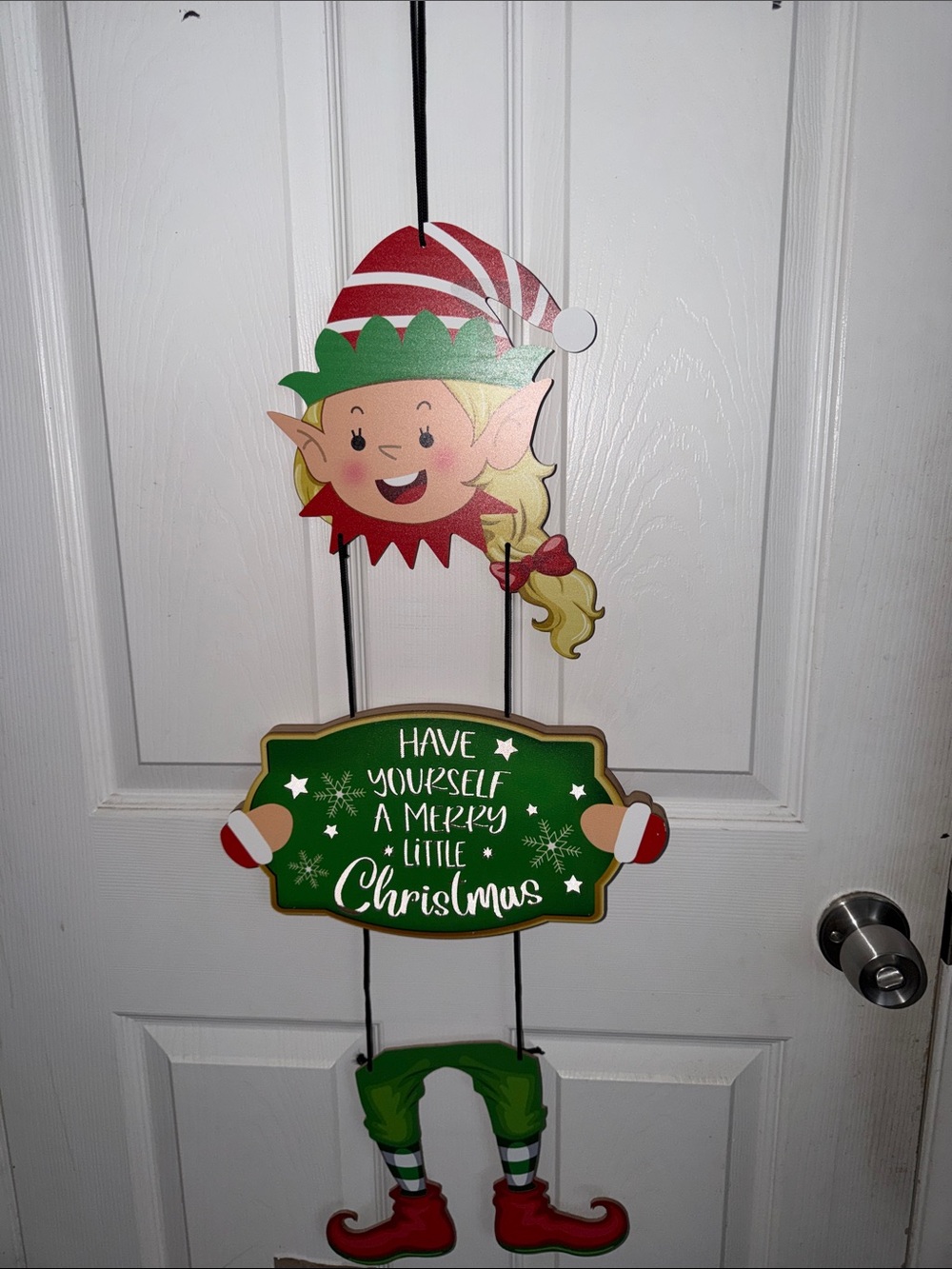 Holiday Elf Hanging Door Sign - Green/Red. It lights up.